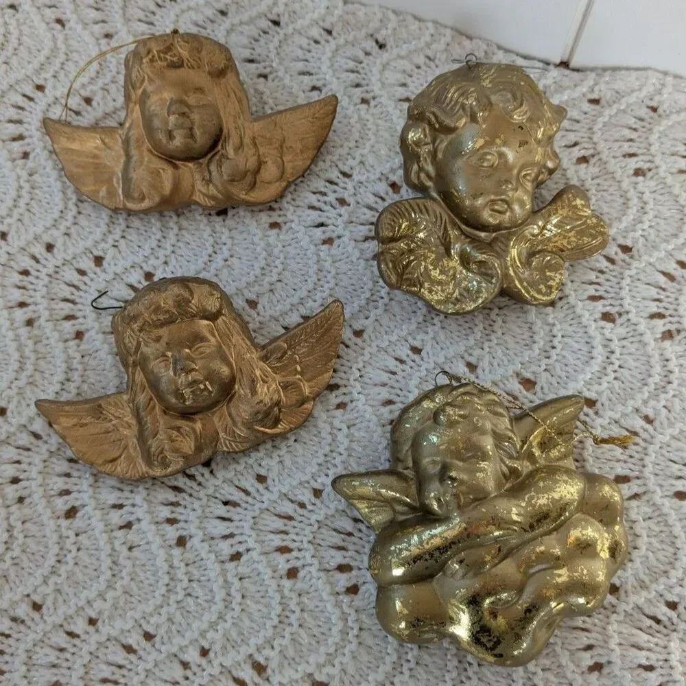 Lot of 4 Vintage Cherub Angel Ornaments - Gold - Ceramic